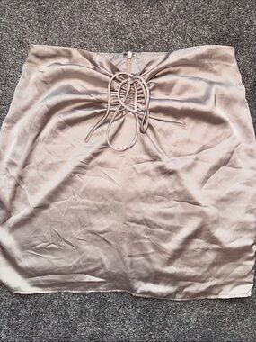 White Fox Satin Lace-Up Mini Skirt in Taupe